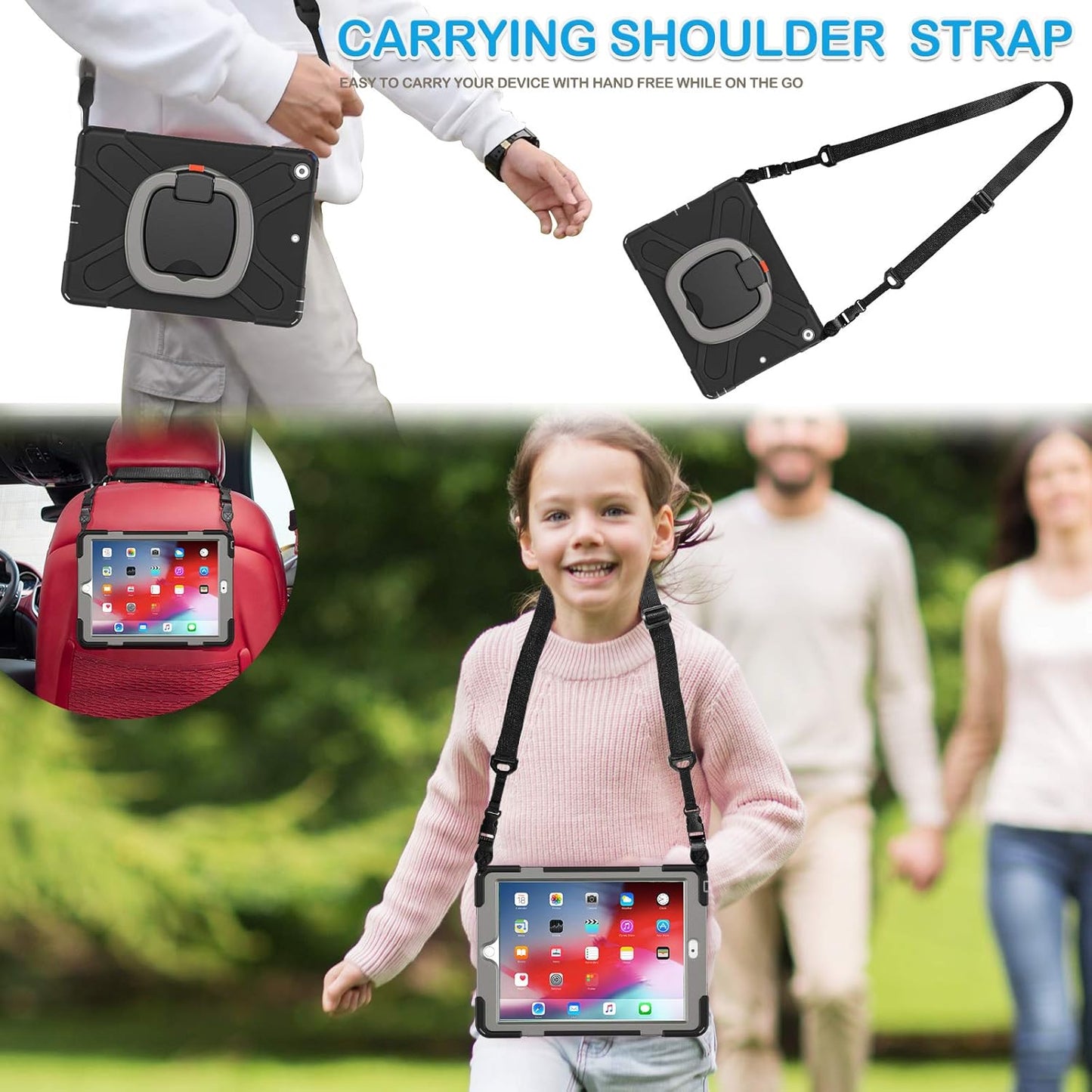 for Ipad 9Th/ 8Th/ 7Th Generation Case (Ipad 10.2 Inch Rugged Case 2021/2020/2019) with Screen Protector, Rotating Stand/Pencil Holder/Carrying Shoulder Strap (Black+Grey)
