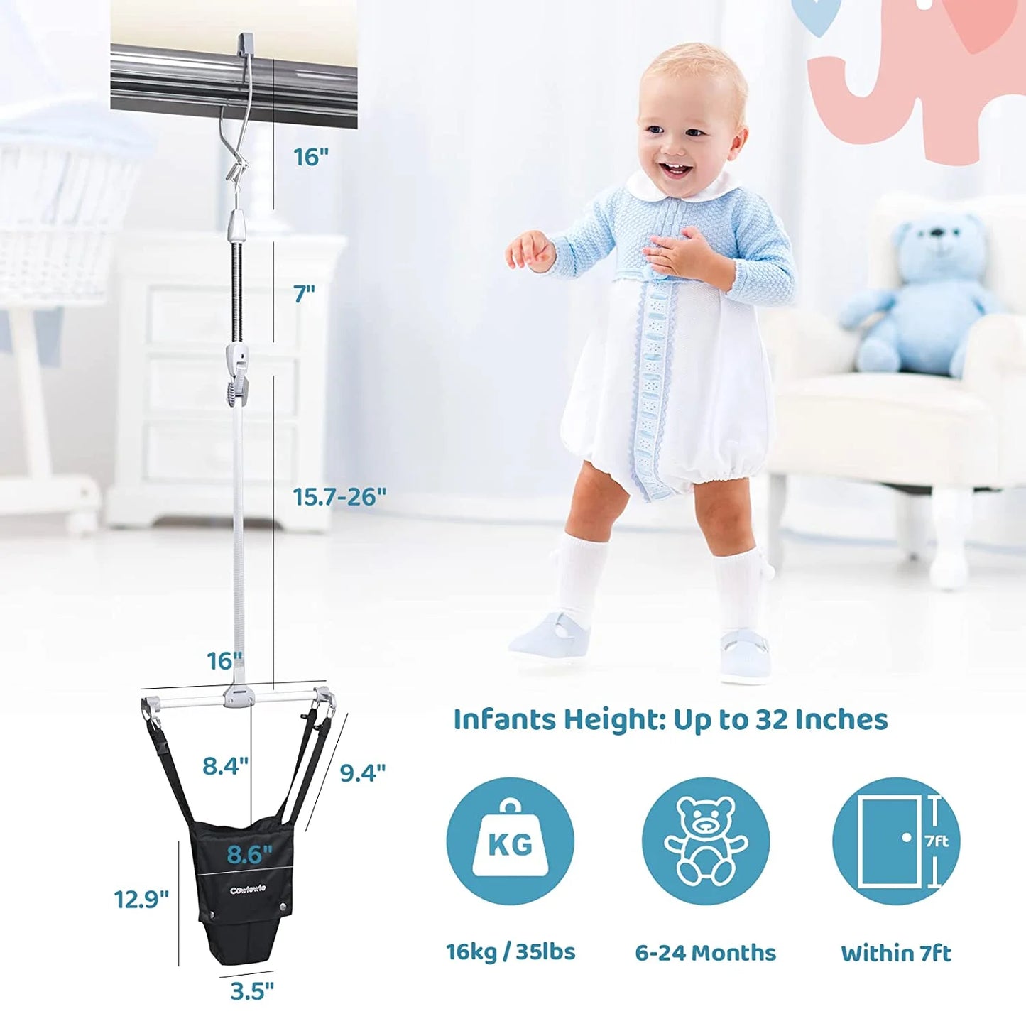 2 in 1 Baby Door Jumper, Adjustable Strap and Seat for 6-24 Months Infant Toddler, Foldable, Black