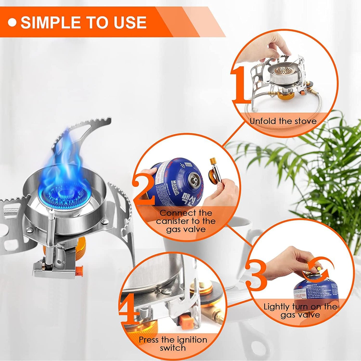 3900W Portable Backpacking Gas Stove with Fuel Canister Adapter, Piezo Ignition, Carry Case, Windproof Collapsible Stove Burner for Outdoor Cooking (Including 1Pc Adapter-Suitable for Propane)