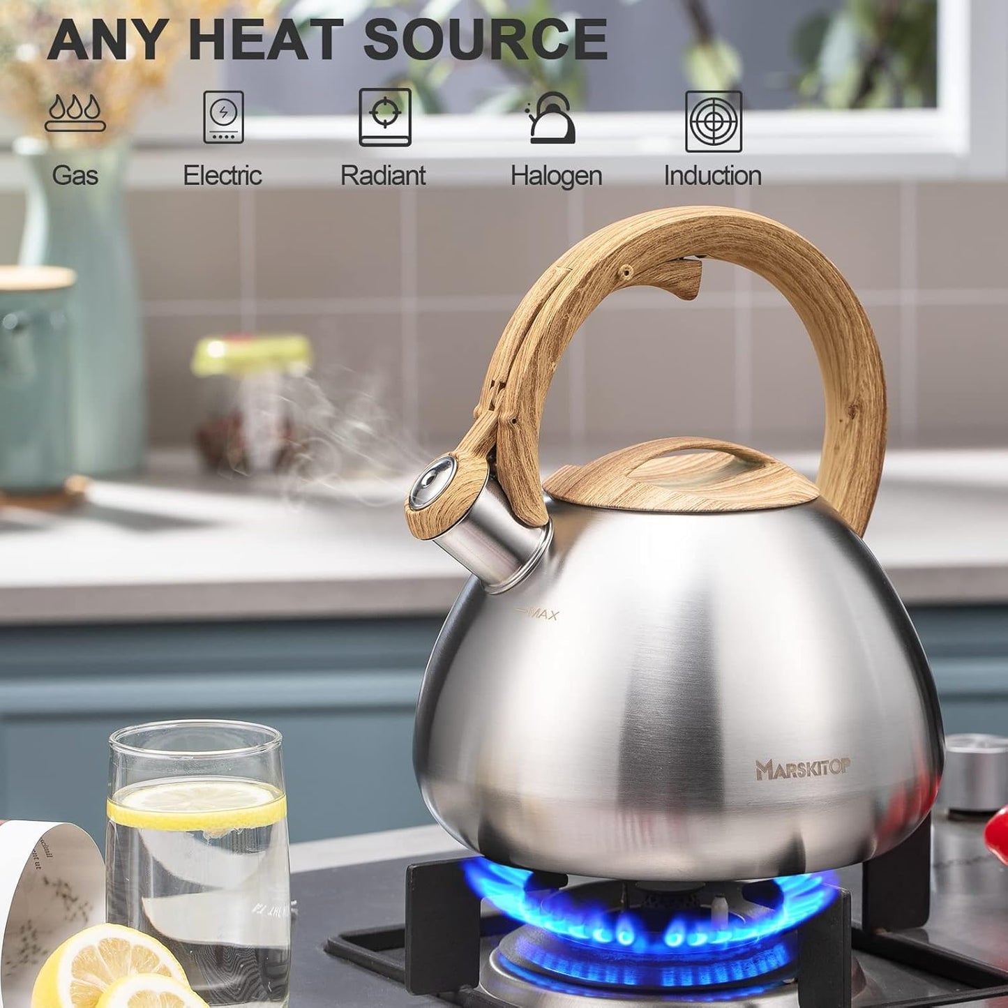 Tea Pot for Stove Top 2.6 Quart, Stainless Steel Tea Kettle Stovetop Whistling with Stay Cool Handle, Silver