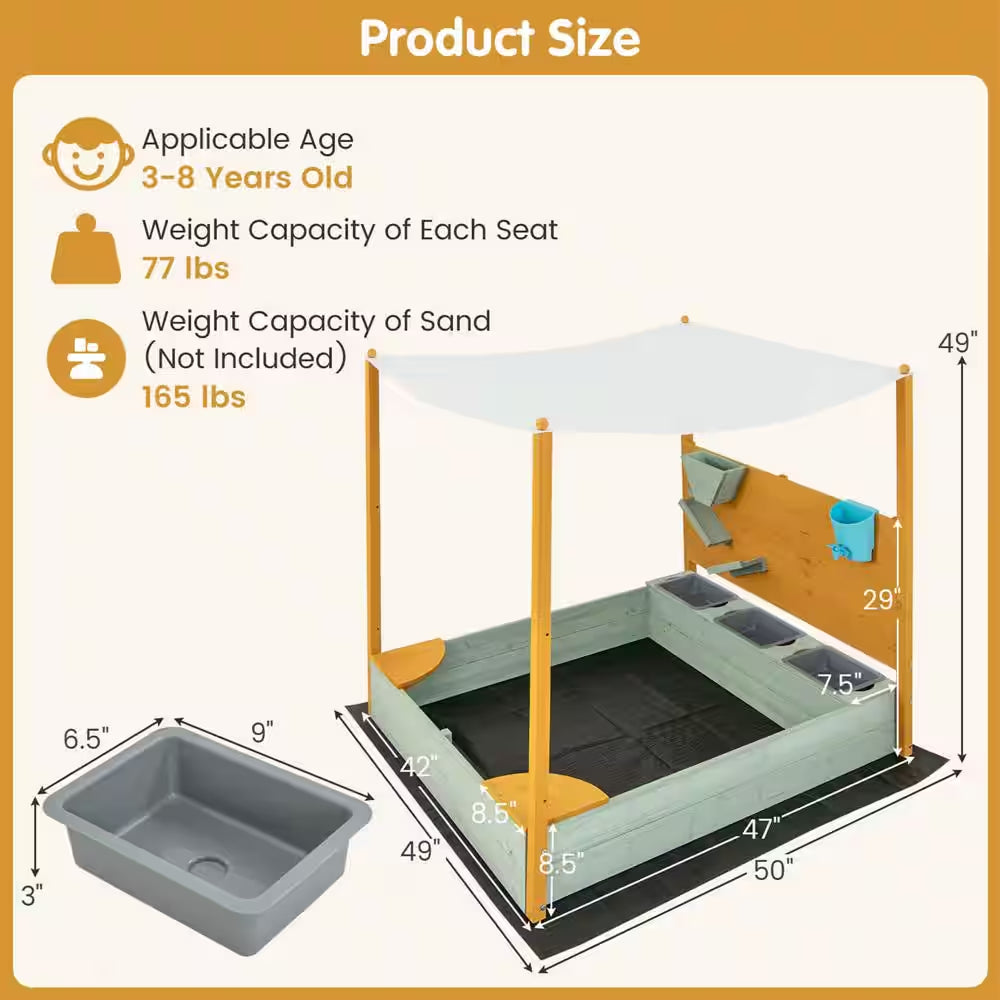 Kids Sandbox with Sand Wall Detachable Canopy Bottom Liner Water Bucket Outdoor