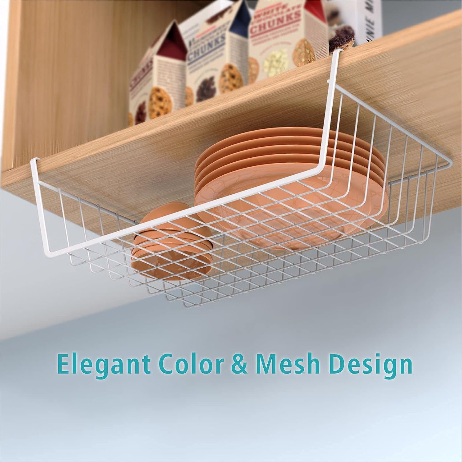 Under Shelf Basket,  4 Pack Storage under Cabinet Shelf Wire Basket, Pantry Organizer, under Cabinet Baskets for Storage, White
