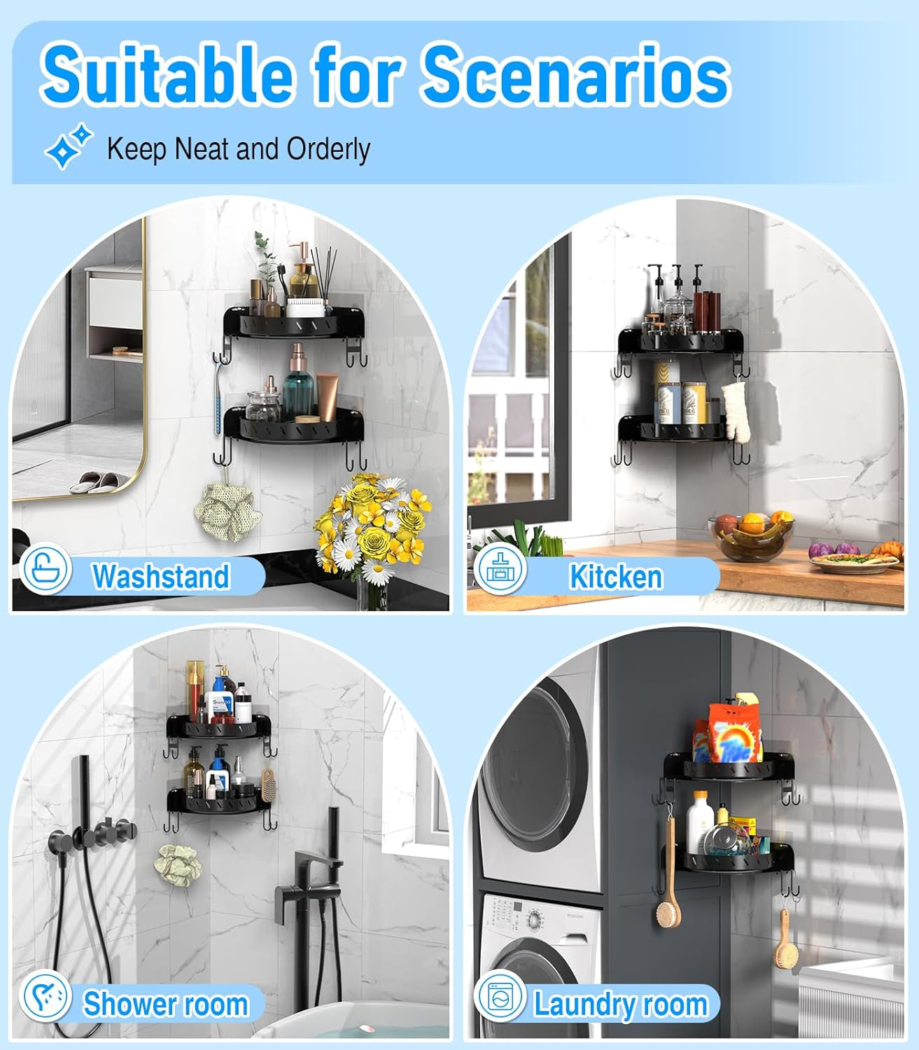 360°Rotating Corner Shower Caddy Shelf with 6 Hooks,2Pack Bathroom Lazy Susan Shower Organizer Corner with 5Pcs Adhesive,Stainless Steel Shower Racks for inside Shower for Home Apartment Decor(Black）