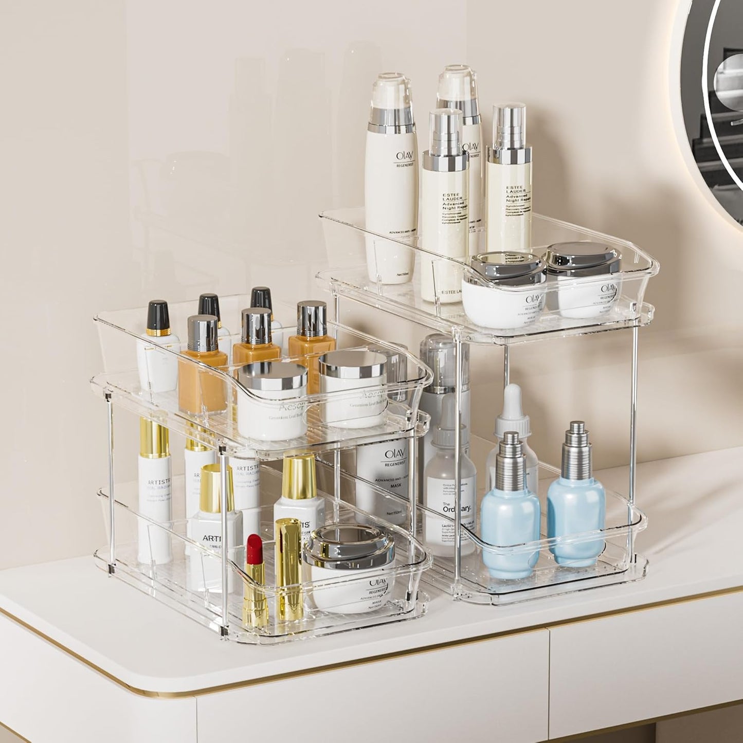 2 Sets of 2-Tier Clear under Sink Organizers and Storage, Multi-Purpose Stackable Bathroom Cabinet Organizers, Pull Out Kitchen Pantry Organization and Storage with Dividers