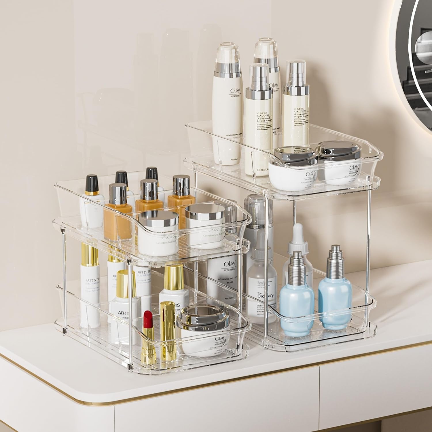 2 Sets of 2-Tier Clear under Sink Organizers and Storage, Multi-Purpose Stackable Bathroom Cabinet Organizers, Pull Out Kitchen Pantry Organization and Storage with Dividers