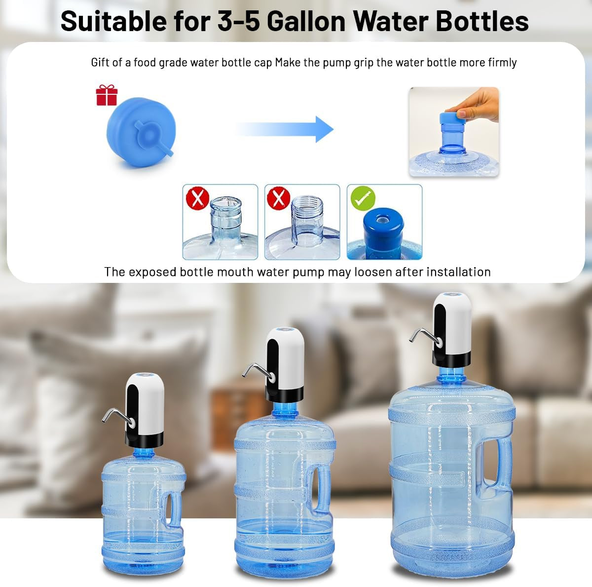 Water Dispenser for 5 Gallon Bottle,Portable USB Charging Electric Water Pump, Drinking Water Jug Pump for Home, Kitchen, Living Room, Office,Camping,Universal for 3-5 Gallon (White)