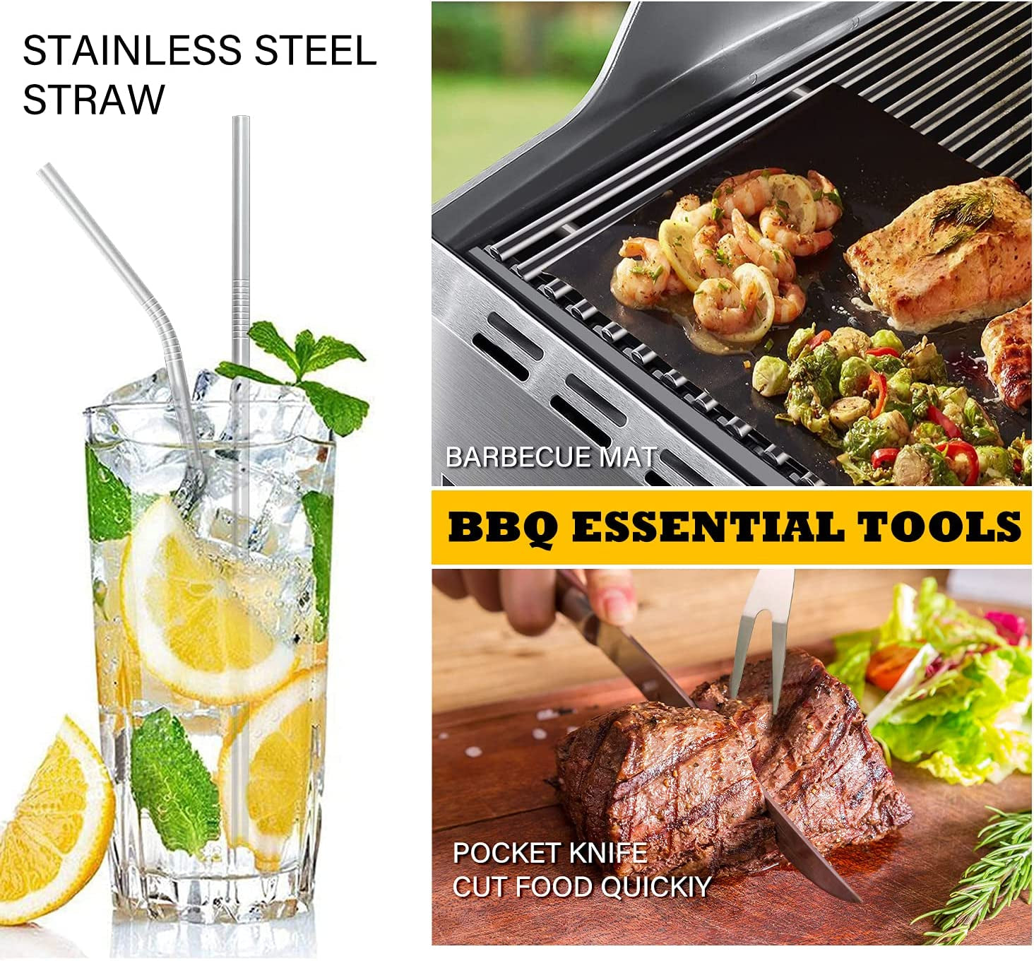 25 Pcs 14” Standard BBQ Grill Set with 4-In-1 Spatula, Wire Cleaning Brush, Grilling Fork, Straws. Premium Heavy-Duty Grill Accessories Gift and Utensils Bundle