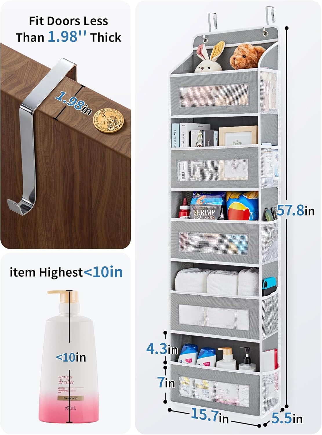 over the Door Organizer Storage, 5 Shelf Hanging Door Organizer with 5 Large Capacity Pockets, anti Tilt 44 Lb Load behind Door Storage for Bedroom, Bathroom, Pantry, Nursery, (Grey)