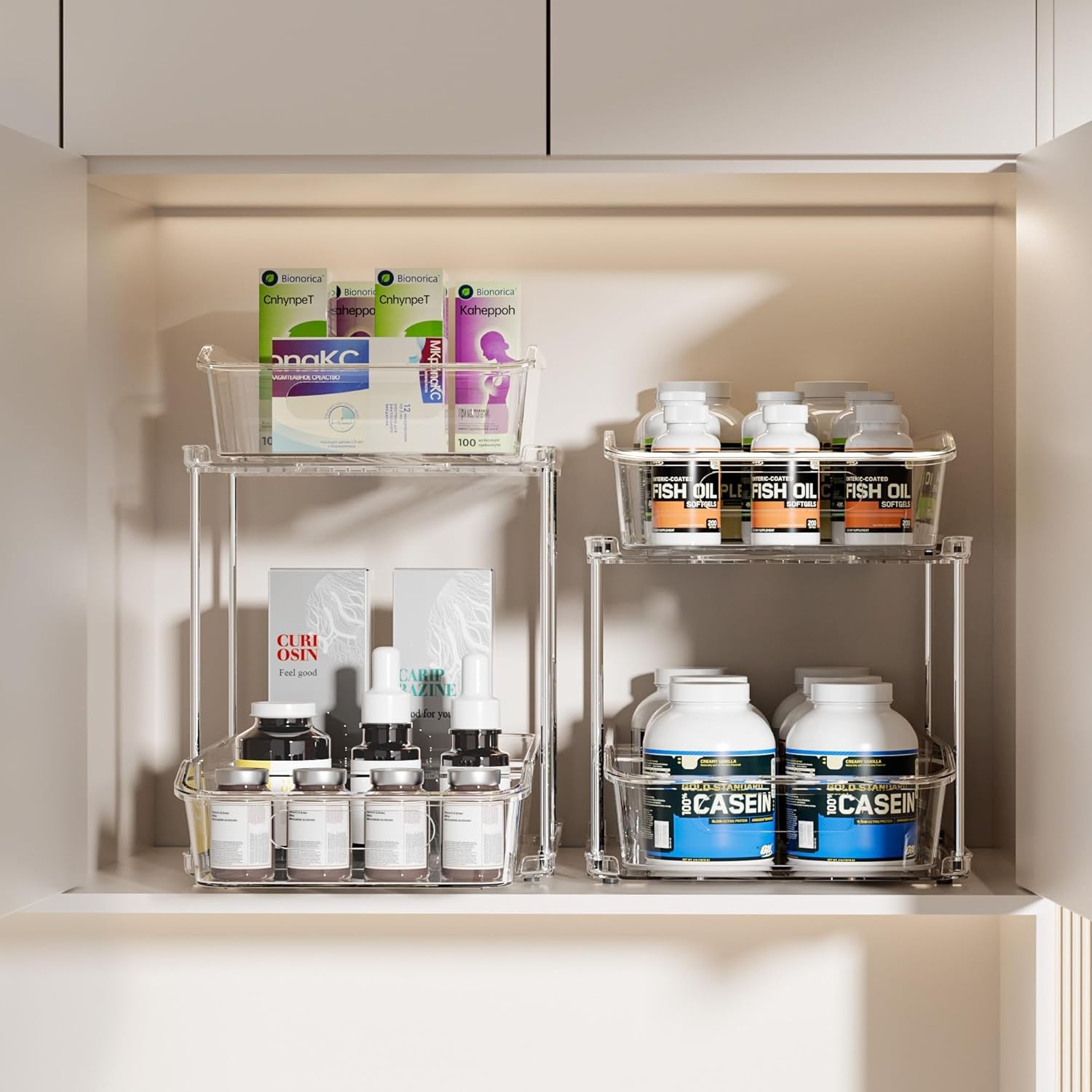 2 Sets of 2-Tier Clear under Sink Organizers and Storage, Multi-Purpose Stackable Bathroom Cabinet Organizers, Pull Out Kitchen Pantry Organization and Storage with Dividers