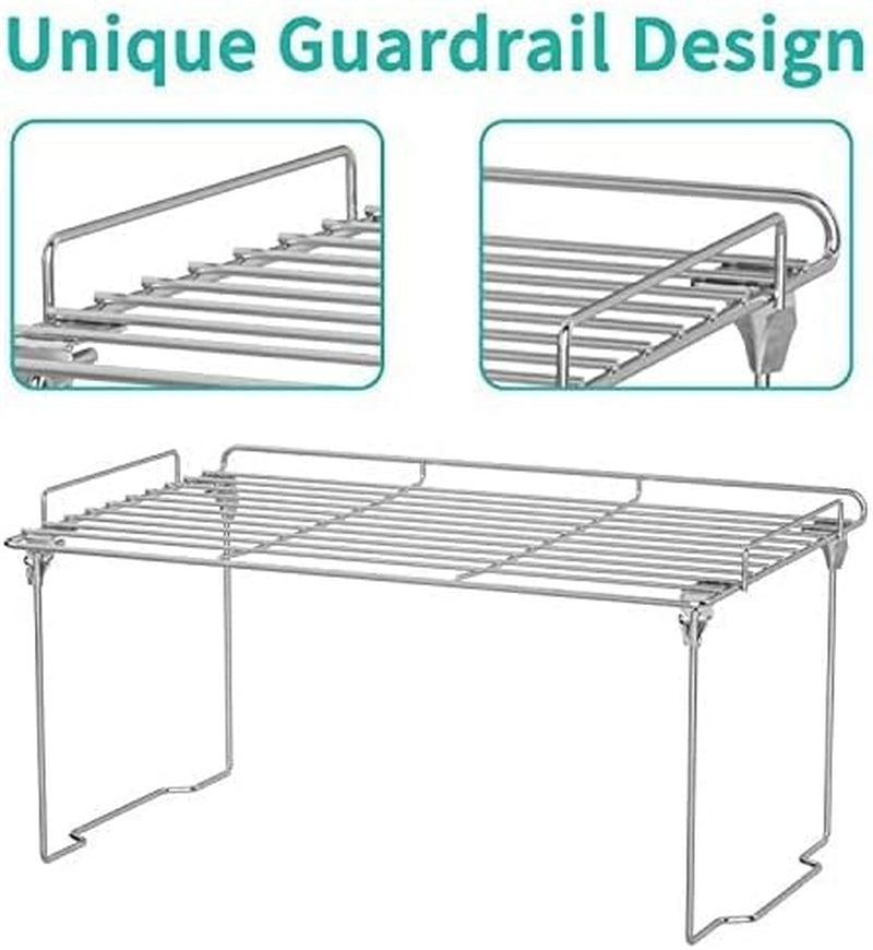 Spice Shelf Organizer for Cabinet, Safety Guardrail Stackable Shelves Kitchen Cabinet Organizers,Stainless Steel Spice Rack Cabinet Shelf Organizers for Kicthen,Storage Room-Sliver (2 Pack)