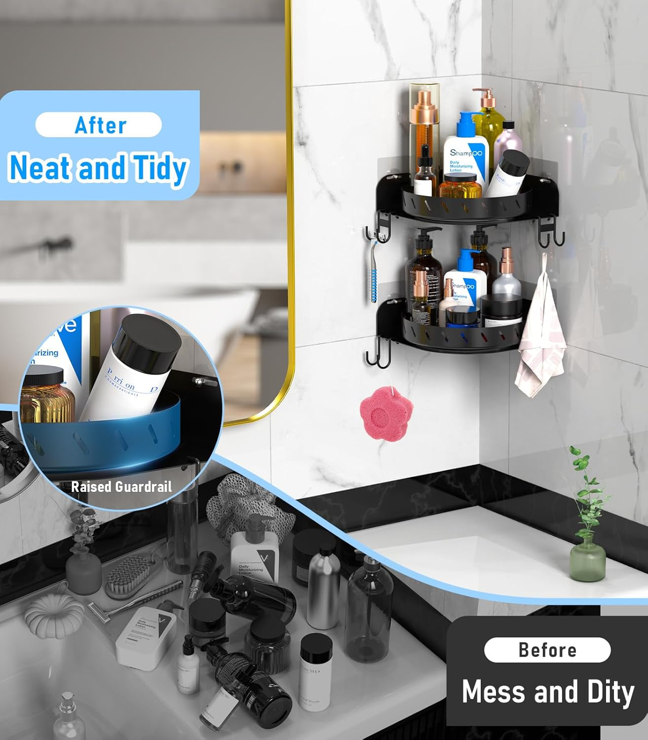 360°Rotating Corner Shower Caddy Shelf with 6 Hooks,2Pack Bathroom Lazy Susan Shower Organizer Corner with 5Pcs Adhesive,Stainless Steel Shower Racks for inside Shower for Home Apartment Decor(Black）