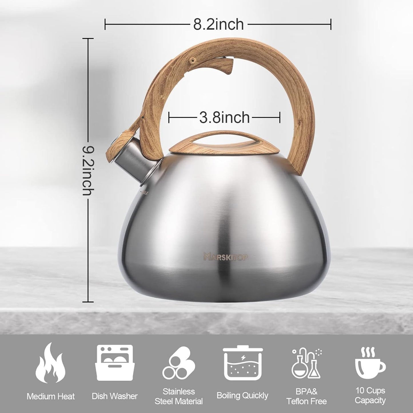 Tea Pot for Stove Top 2.6 Quart, Stainless Steel Tea Kettle Stovetop Whistling with Stay Cool Handle, Silver