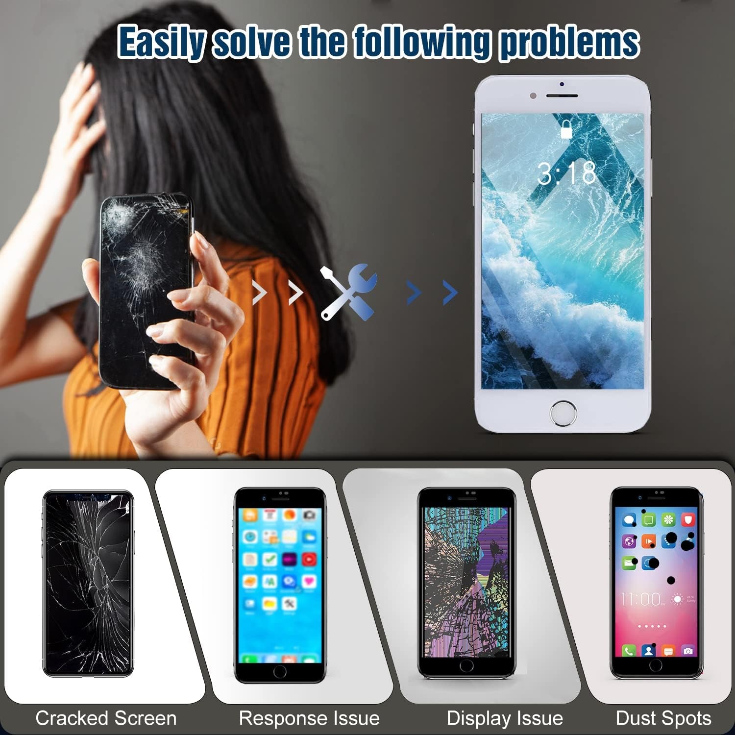 For Iphone 8 plus Screen Replacement Kit White 5.5" LCD Display for Iphone 8 plus Replacement Touch Screen Digitizer Full Assembly + Front Camera + Earpiece + Repair Tools + Screen Protector (White)