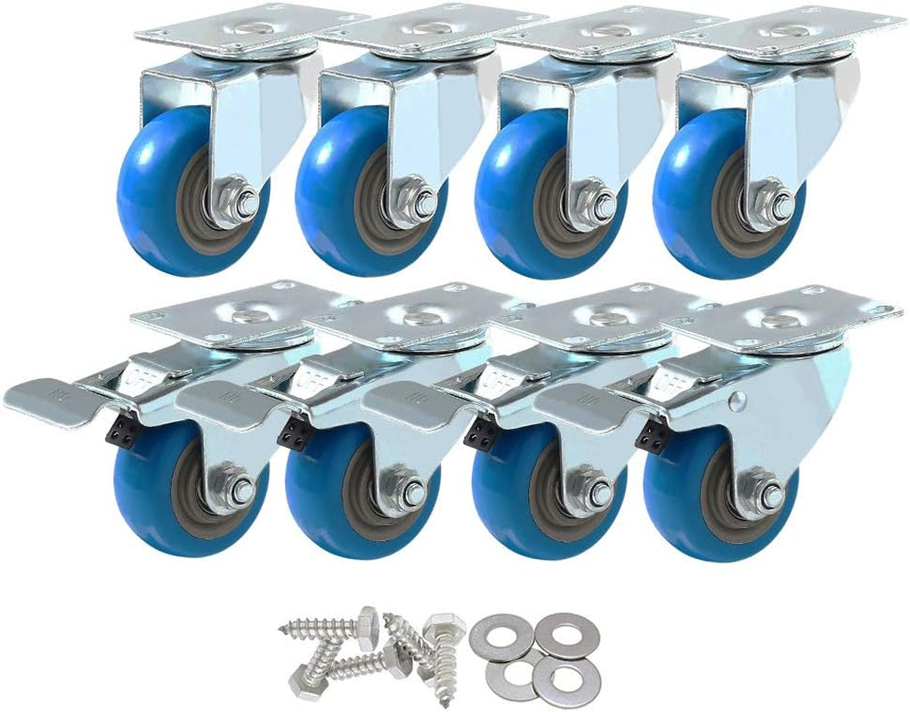 8 Pack 4 Inch Combo Caster Swivel Plate 4 W/Brake & 4 Plate Heavy Duty on Blue PU Wheels with Heavy Duty Screws
