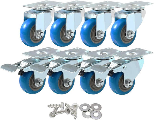 8 Pack 4 Inch Combo Caster Swivel Plate 4 W/Brake & 4 Plate Heavy Duty on Blue PU Wheels with Heavy Duty Screws