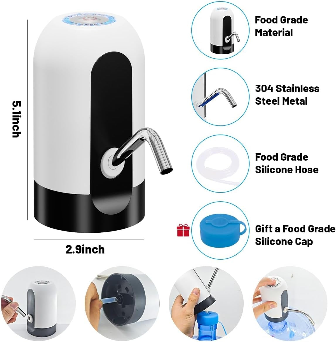 Water Dispenser for 5 Gallon Bottle,Portable USB Charging Electric Water Pump, Drinking Water Jug Pump for Home, Kitchen, Living Room, Office,Camping,Universal for 3-5 Gallon (White)