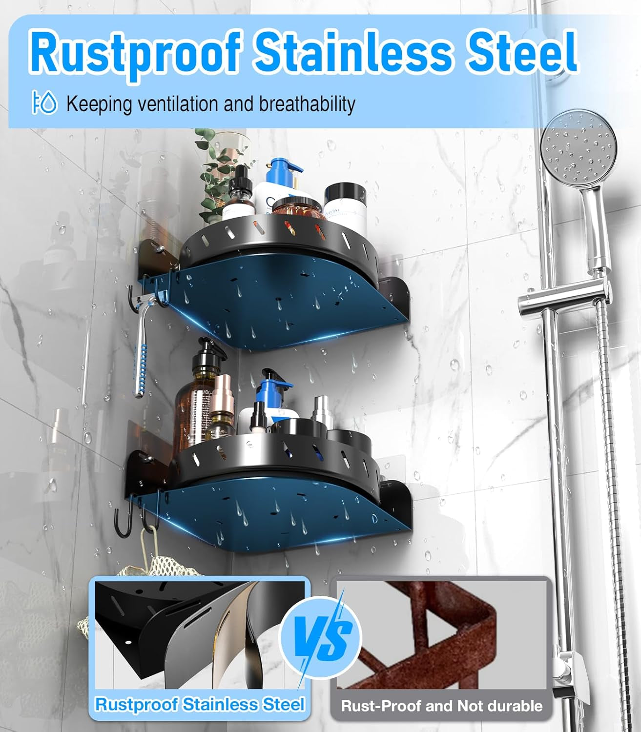 360°Rotating Corner Shower Caddy Shelf with 6 Hooks,2Pack Bathroom Lazy Susan Shower Organizer Corner with 5Pcs Adhesive,Stainless Steel Shower Racks for inside Shower for Home Apartment Decor(Black）