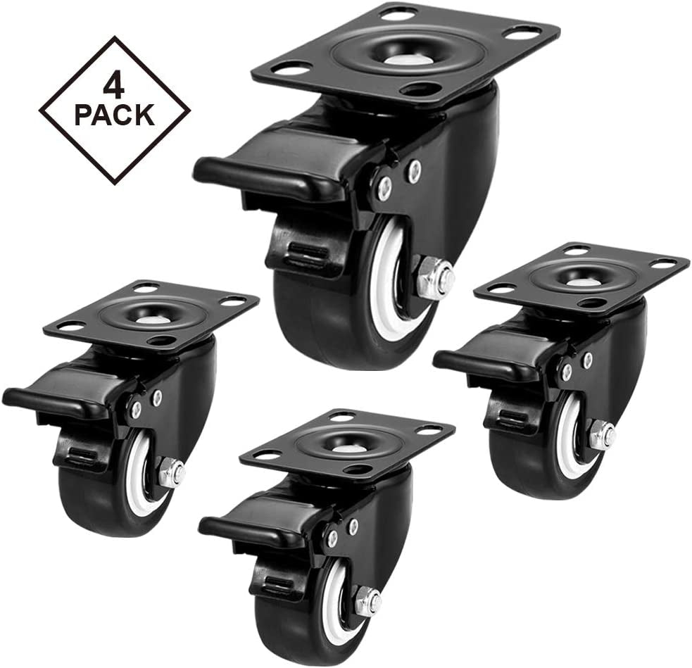 Caster Wheels, 2 Inch Casters, Casters Set of 4 Heavy Duty -  Locking Casters, Swivel Casters with Brake (Top Plate), Non Marking Black Castor Wheels for Cart Furniture Workbench