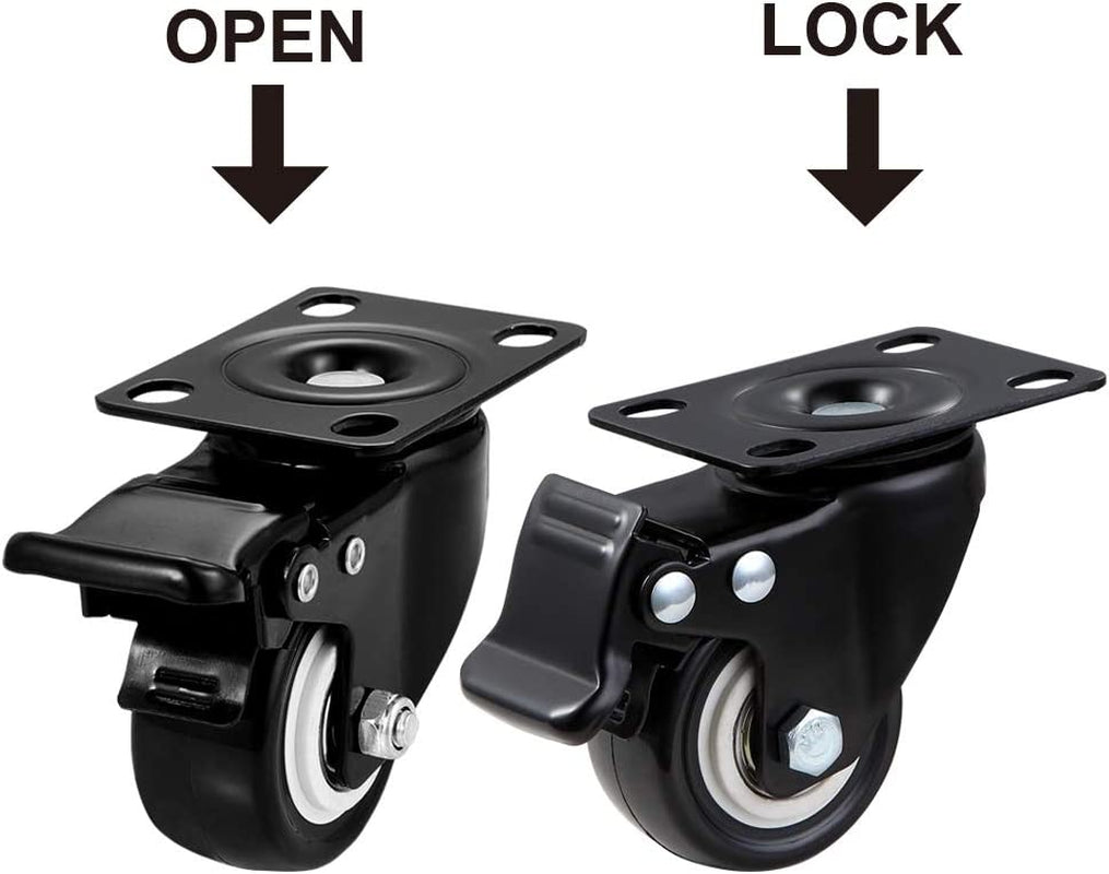 Caster Wheels, 2 Inch Casters, Casters Set of 4 Heavy Duty -  Locking Casters, Swivel Casters with Brake (Top Plate), Non Marking Black Castor Wheels for Cart Furniture Workbench