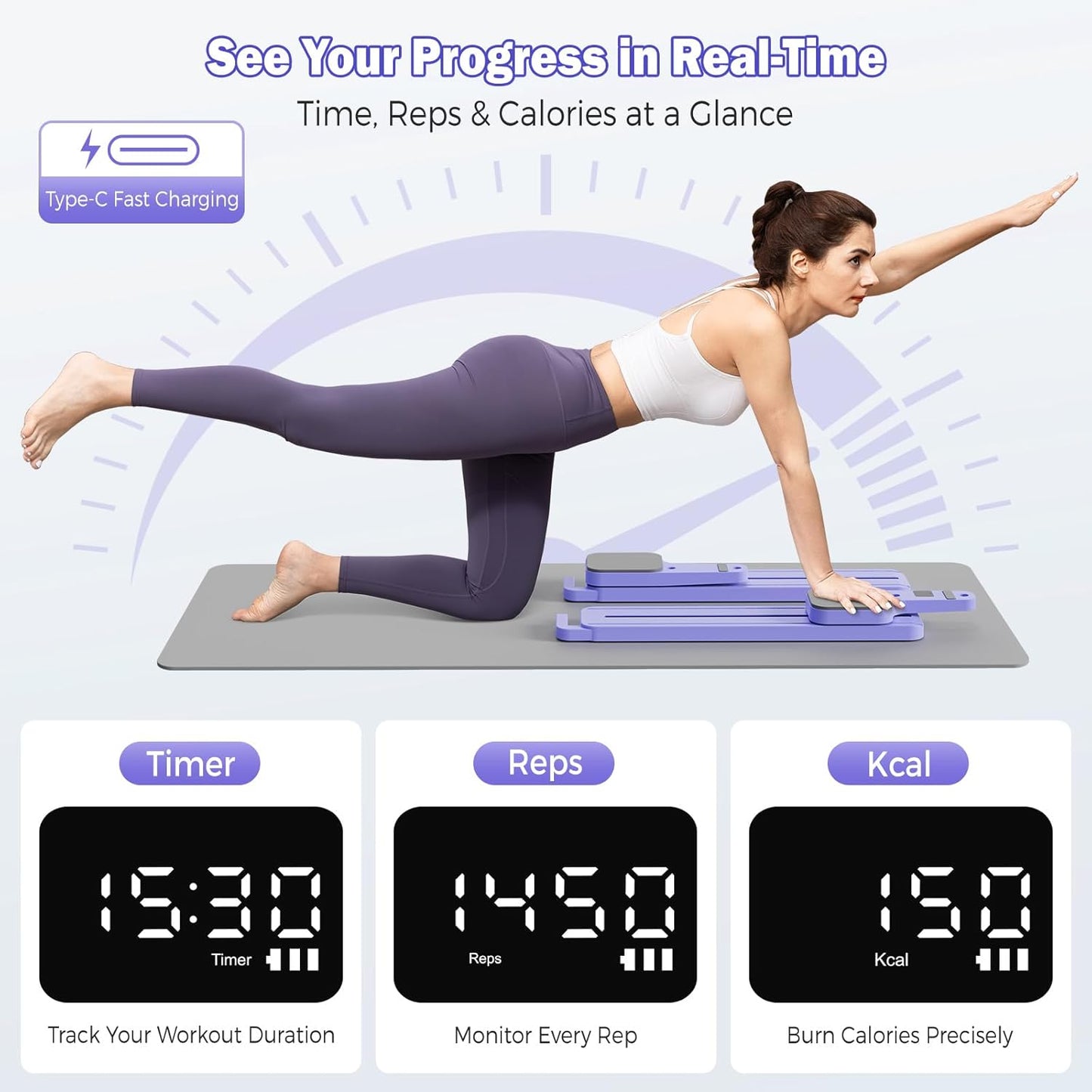Pilates Reformer Board with Resistance Bands – Portable Pilates Machine, Full Body Workout for Home, Core Strengthener, Glute & Leg Toning, Dual Use, LED Timer & Calorie Display