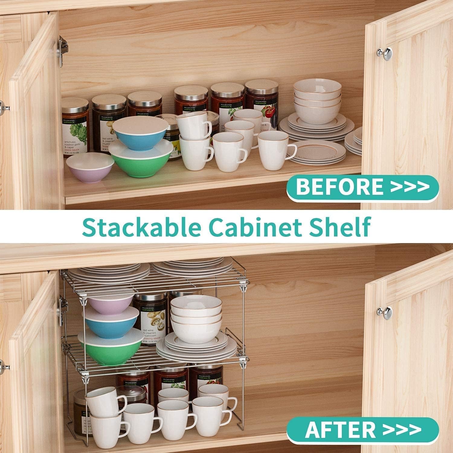 Spice Shelf Organizer for Cabinet, Safety Guardrail Stackable Shelves Kitchen Cabinet Organizers,Stainless Steel Spice Rack Cabinet Shelf Organizers for Kicthen,Storage Room-Sliver (2 Pack)