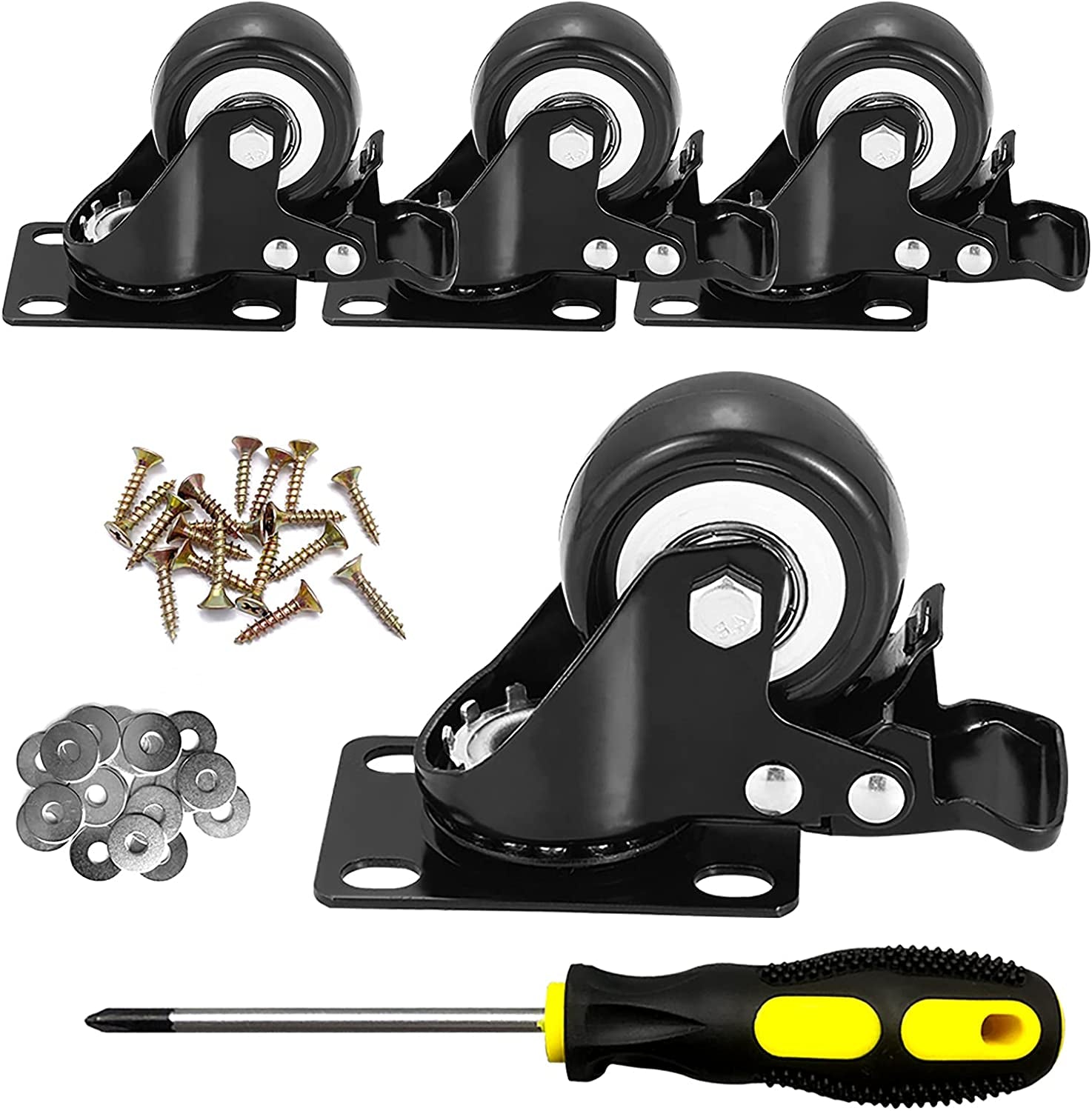 Caster Wheels, 2 Inch Casters, Casters Set of 4 Heavy Duty -  Locking Casters, Swivel Casters with Brake (Top Plate), Non Marking Black Castor Wheels for Cart Furniture Workbench