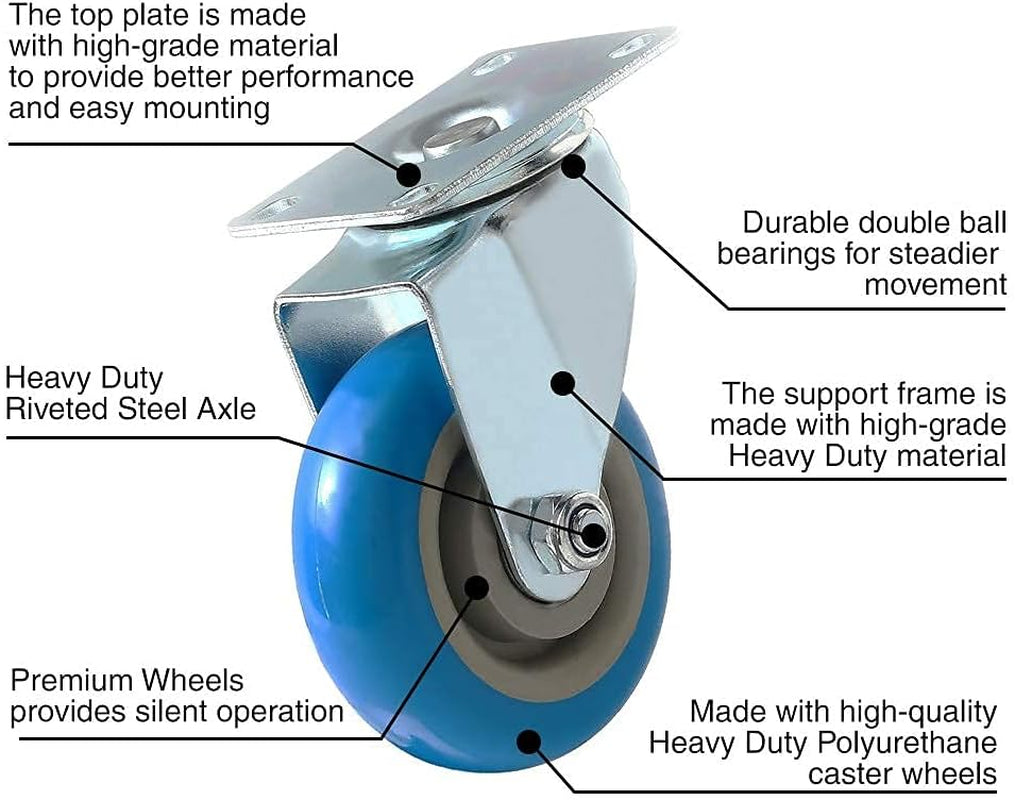 8 Pack 4 Inch Combo Caster Swivel Plate 4 W/Brake & 4 Plate Heavy Duty on Blue PU Wheels with Heavy Duty Screws