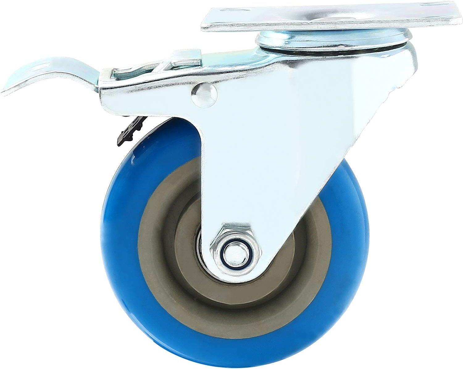 8 Pack 4 Inch Combo Caster Swivel Plate 4 W/Brake & 4 Plate Heavy Duty on Blue PU Wheels with Heavy Duty Screws