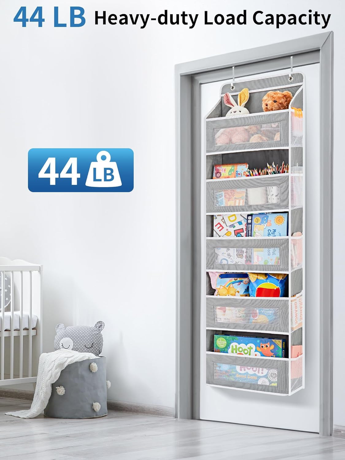 over the Door Organizer Storage, 5 Shelf Hanging Door Organizer with 5 Large Capacity Pockets, anti Tilt 44 Lb Load behind Door Storage for Bedroom, Bathroom, Pantry, Nursery, (Grey)