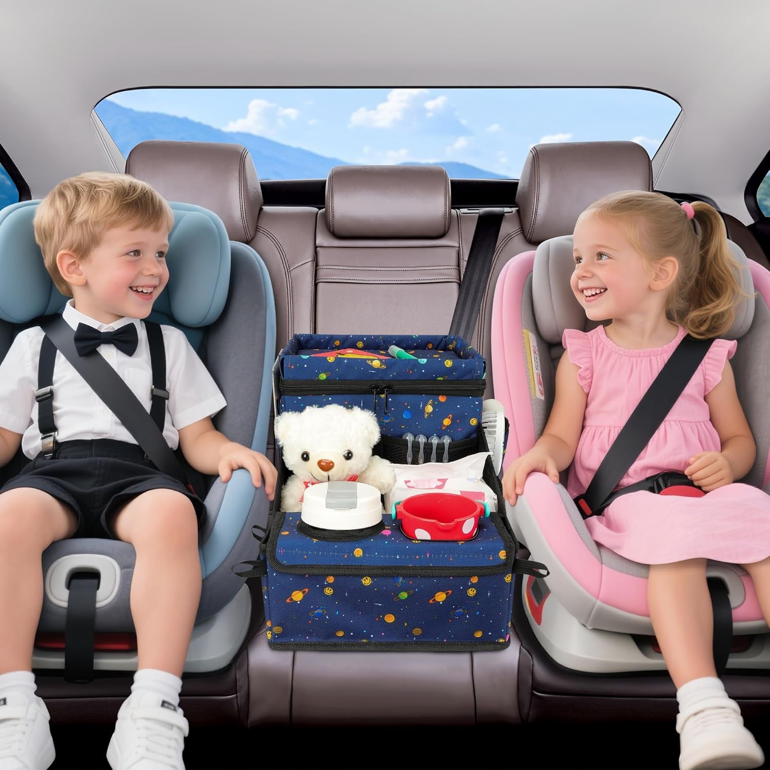 Car Seat Organizer, Backseat Car Organizer with Cup Holder Tray and Storages for Kids and Adults, Portable Travel Cooler for Car for Front or Back Seat Passenger Organizer Ccompartment (Blue)