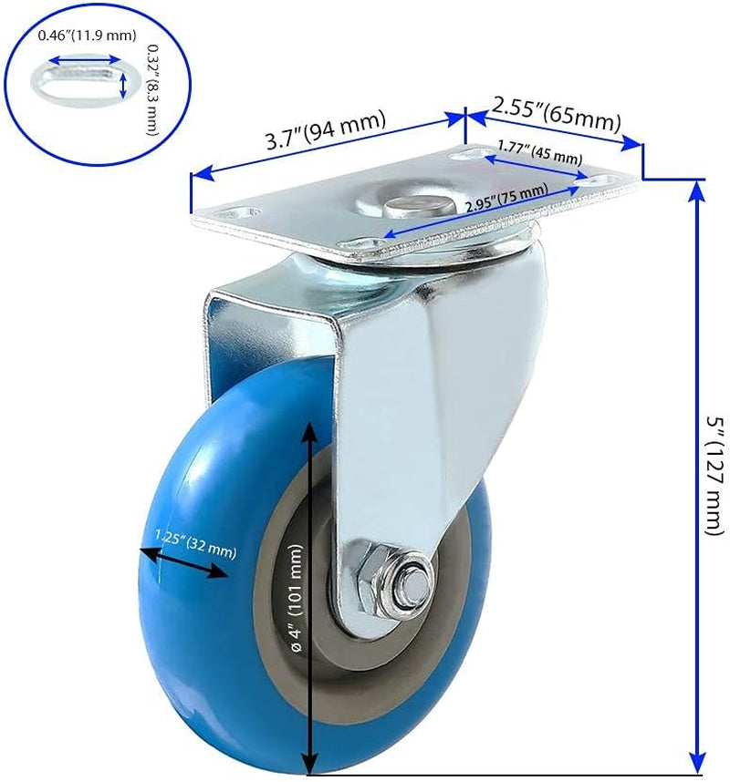 8 Pack 4 Inch Combo Caster Swivel Plate 4 W/Brake & 4 Plate Heavy Duty on Blue PU Wheels with Heavy Duty Screws
