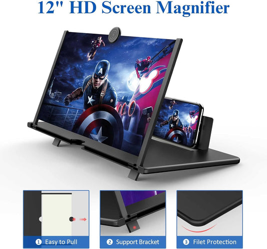 12" Screen Magnifier for Cell Phone, 3D HD Magnifying Projector Screen Enlarger for Movies, Videos and Gaming, Foldable Phone Stand with Screen Amplifier,Compatible with All Smartphones