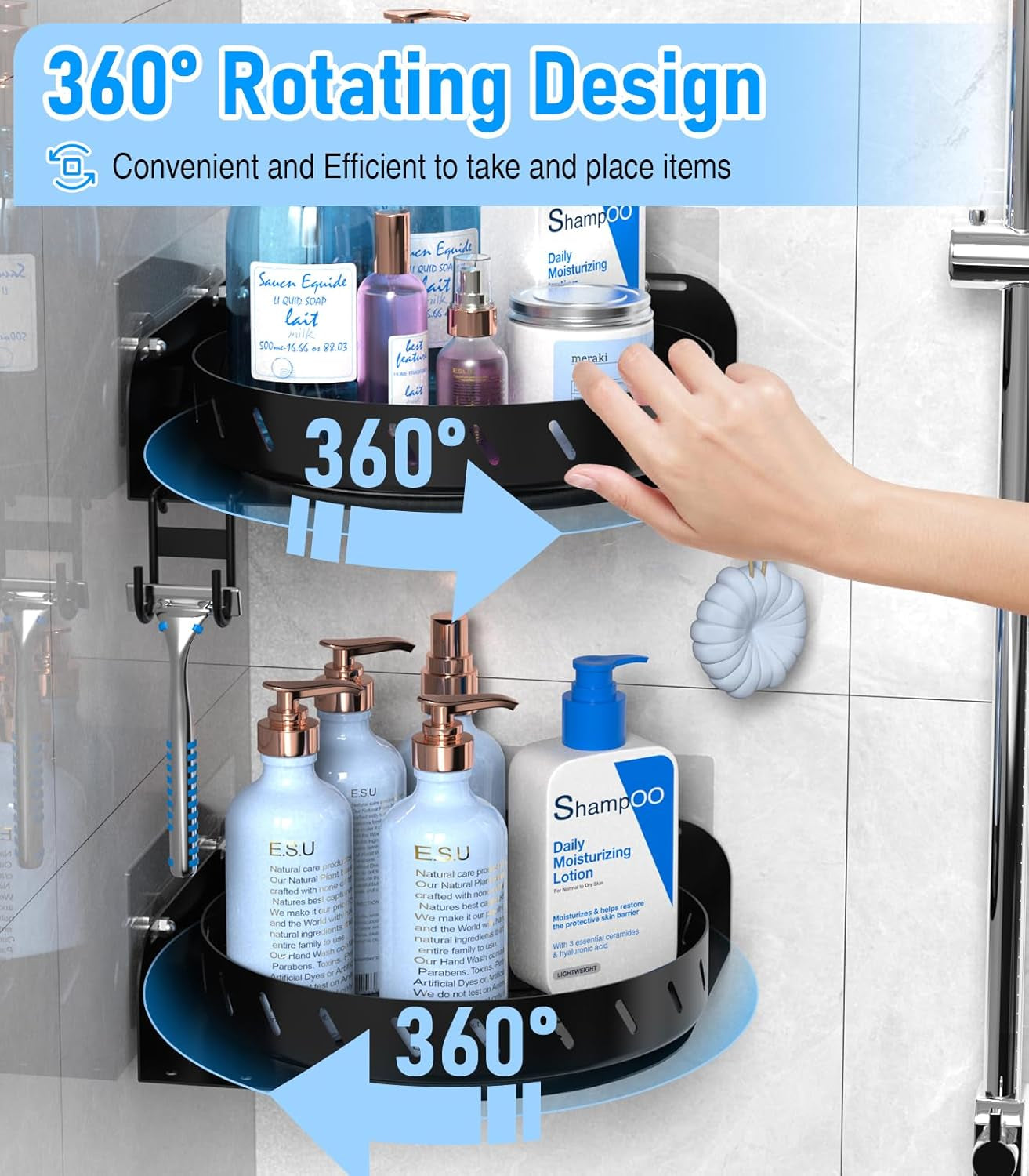 360°Rotating Corner Shower Caddy Shelf with 6 Hooks,2Pack Bathroom Lazy Susan Shower Organizer Corner with 5Pcs Adhesive,Stainless Steel Shower Racks for inside Shower for Home Apartment Decor(Black）