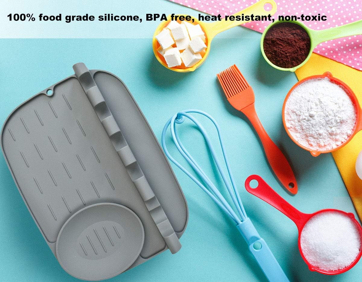 FUNAME 2 in 1 Silicone Spoon Rest, Multiple Utensil Rest W/Drip Pad 4 Slots & 1 Spoon Holder for Kitchen Counter Stove Top, Heat-Resistant Easy Clean Non-Slip for Spatulas, Ladles, Tongs & More (Gray)