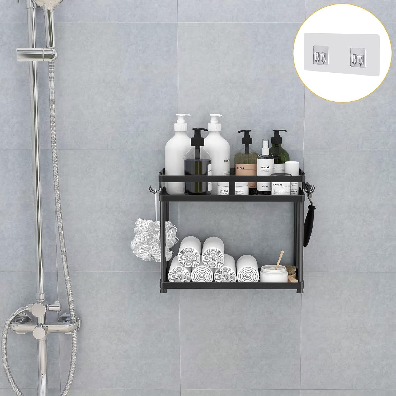 under Sink Organizer, 2 Tier Metal under Bathroom Sink Storage Baskets with Hooks, Self Adhesive Black under Sink Shelf Organizer for Bathroom Kitchen