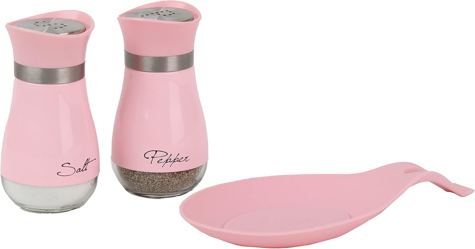 Round Silicone Spoon Rest & 4Oz Glass Salt and Pepper Shaker Set (Pink)