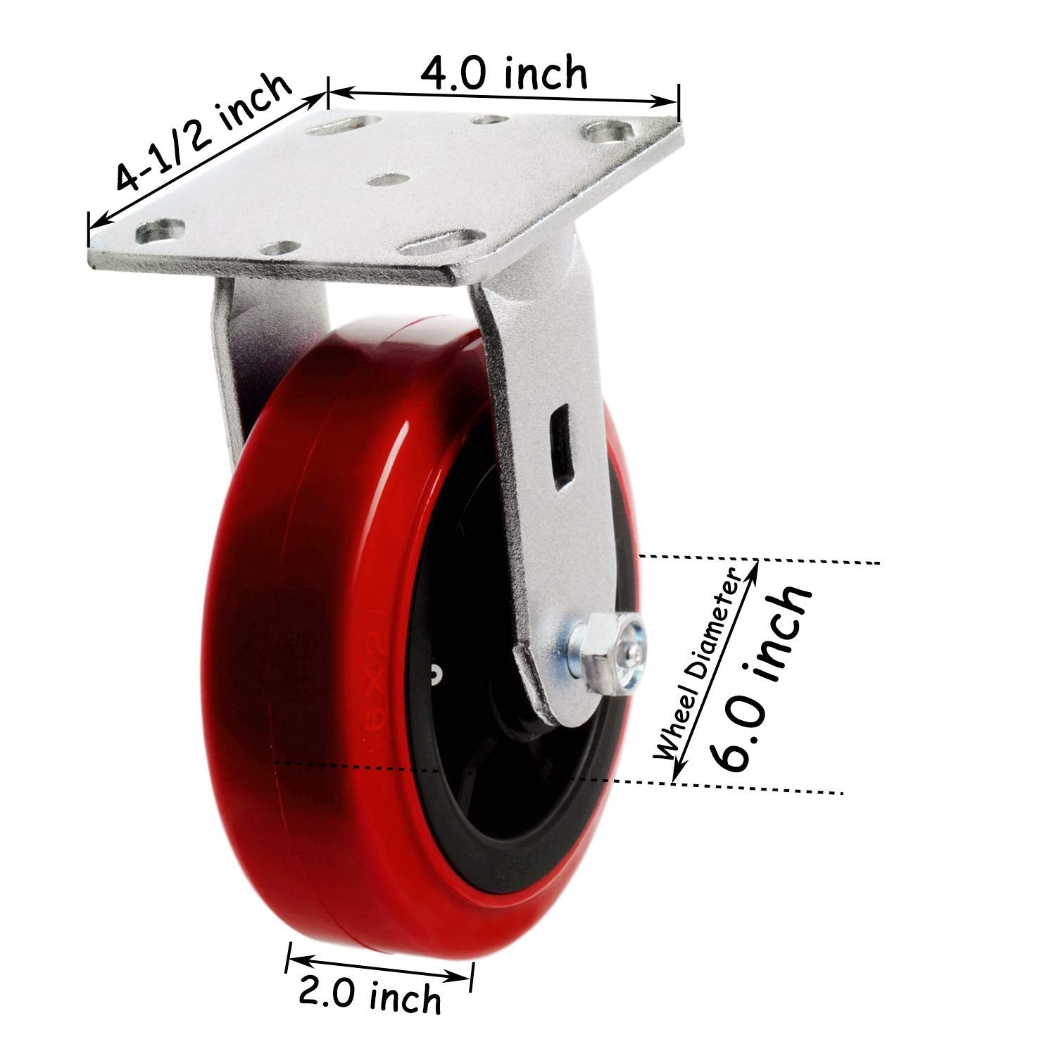 6" 2 Pack Plate Caster, Heavy Duty W/Polyolefin/Polyurethane Wheel Top Plate Caster Extra Width 2 Inches 1800 Lbs Total Capacity (6 Inches Pack of 2, Red/Black Rigid)