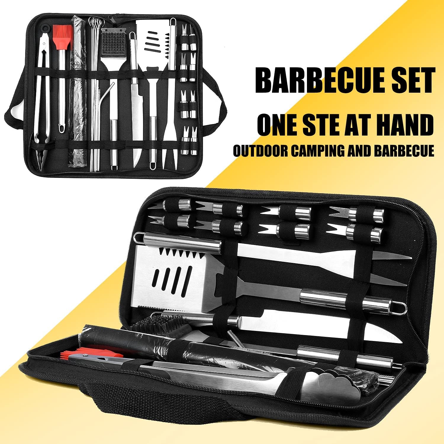 25 Pcs 14” Standard BBQ Grill Set with 4-In-1 Spatula, Wire Cleaning Brush, Grilling Fork, Straws. Premium Heavy-Duty Grill Accessories Gift and Utensils Bundle