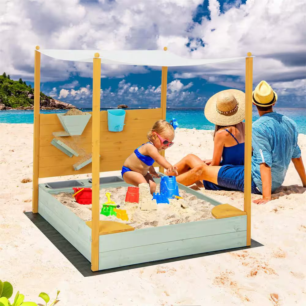 Kids Sandbox with Sand Wall Detachable Canopy Bottom Liner Water Bucket Outdoor