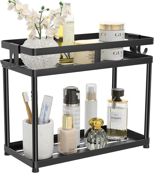 under Sink Organizer, 2 Tier Metal under Bathroom Sink Storage Baskets with Hooks, Self Adhesive Black under Sink Shelf Organizer for Bathroom Kitchen