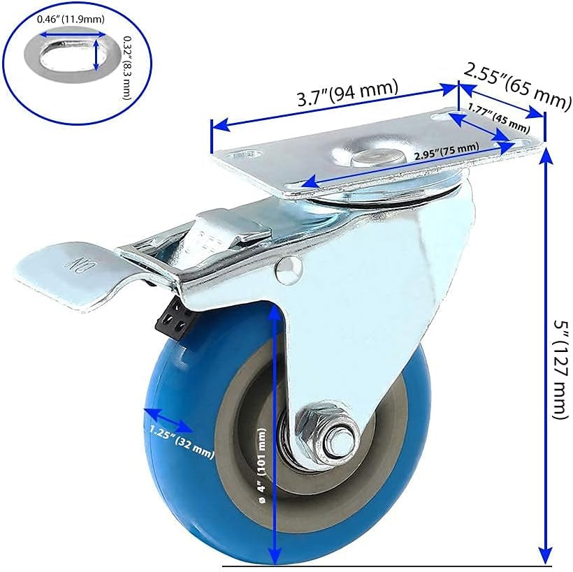 8 Pack 4 Inch Combo Caster Swivel Plate 4 W/Brake & 4 Plate Heavy Duty on Blue PU Wheels with Heavy Duty Screws