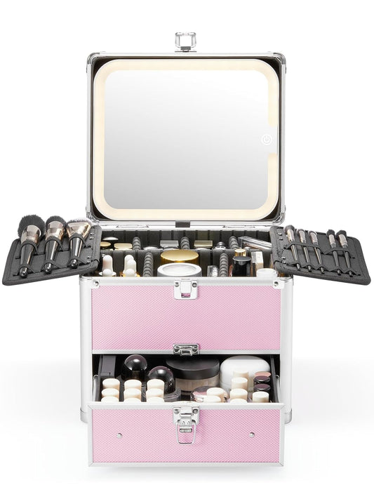 Makeup Box with Drawer and a Detachable Lighted Mirror, Waterproof Travel Train Case, Cosmetic Organizer and Makeup Suitcase with Adjustable Dividers, Magnetic LED Mirror (Icy Pink)