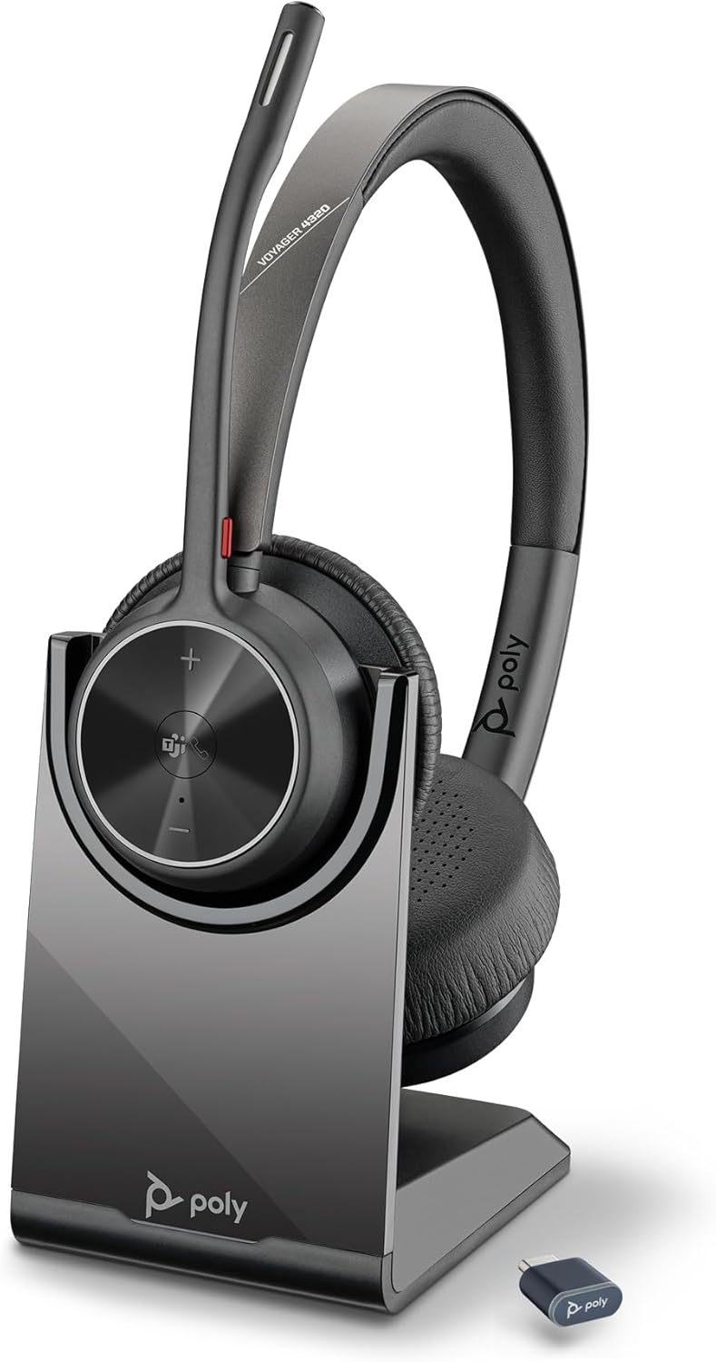 Voyager 4320 UC Wireless Headset & Charge Stand (Plantronics) - Stereo Headphones W/Noise-Canceling Boom Mic - Connect Pc/Mac/Mobile via Bluetooth-Works W/Teams (Certified), Zoom-Amazon Exclusive