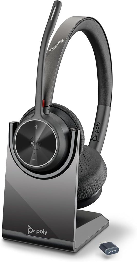 Voyager 4320 UC Wireless Headset & Charge Stand (Plantronics) - Stereo Headphones W/Noise-Canceling Boom Mic - Connect Pc/Mac/Mobile via Bluetooth-Works W/Teams (Certified), Zoom-Amazon Exclusive