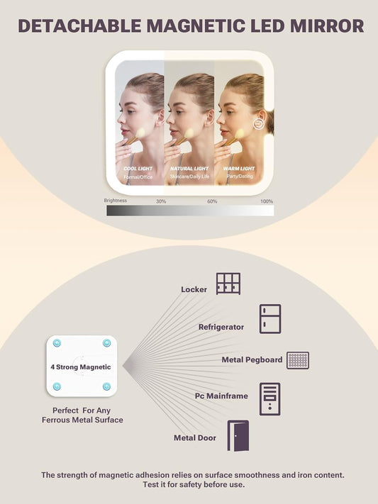 Makeup Box with Drawer and a Detachable Lighted Mirror, Waterproof Travel Train Case, Cosmetic Organizer and Makeup Suitcase with Adjustable Dividers, Magnetic LED Mirror (Icy Pink)