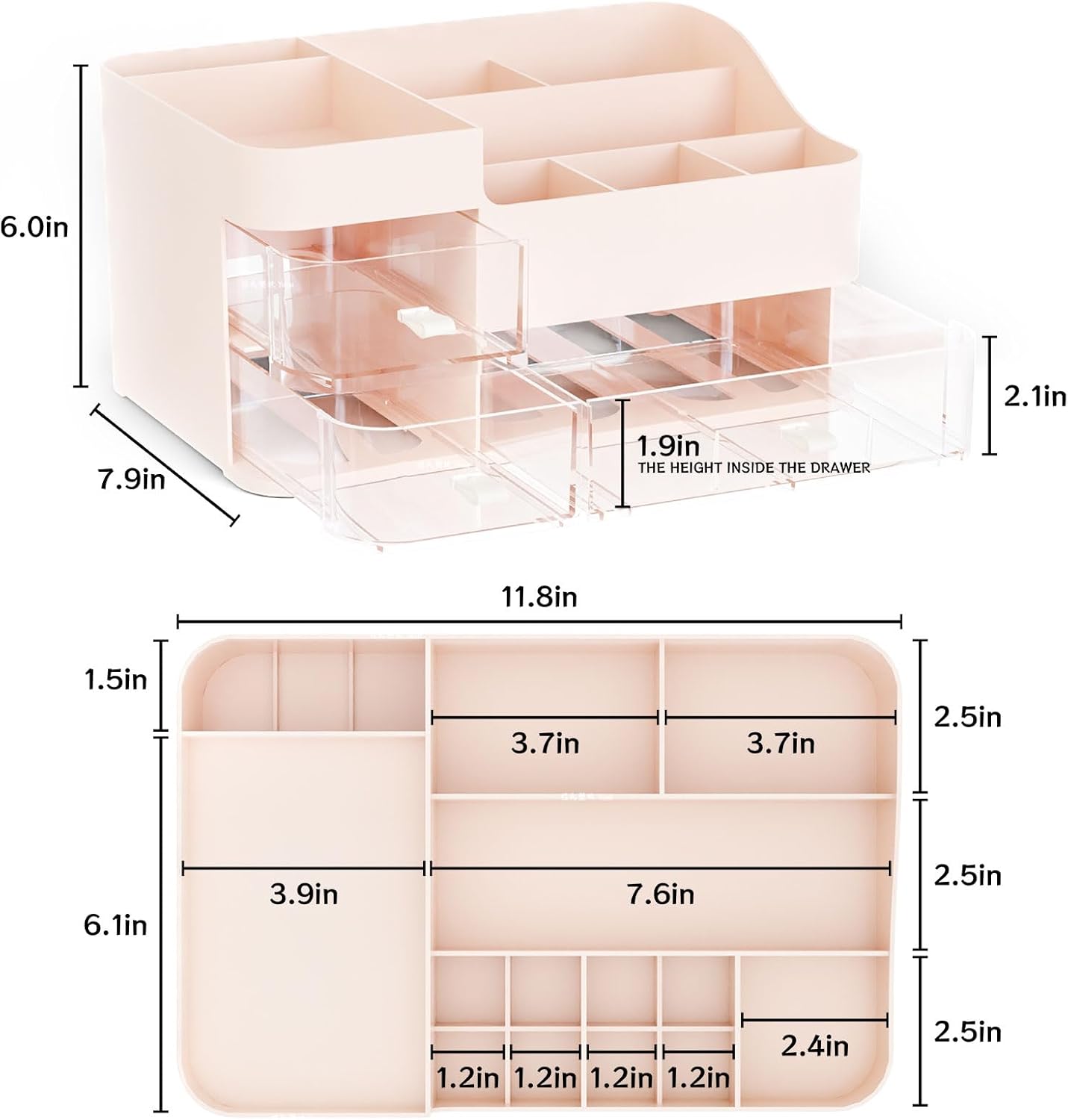 Make up Organizers and Storage for Counter,Big 3 Drawers Skincare Organizer and Storage,Plastic Cosmetic Organizer for Vanity Beauty Skin Care Holder and Dresser Drawer Organizers,Pink