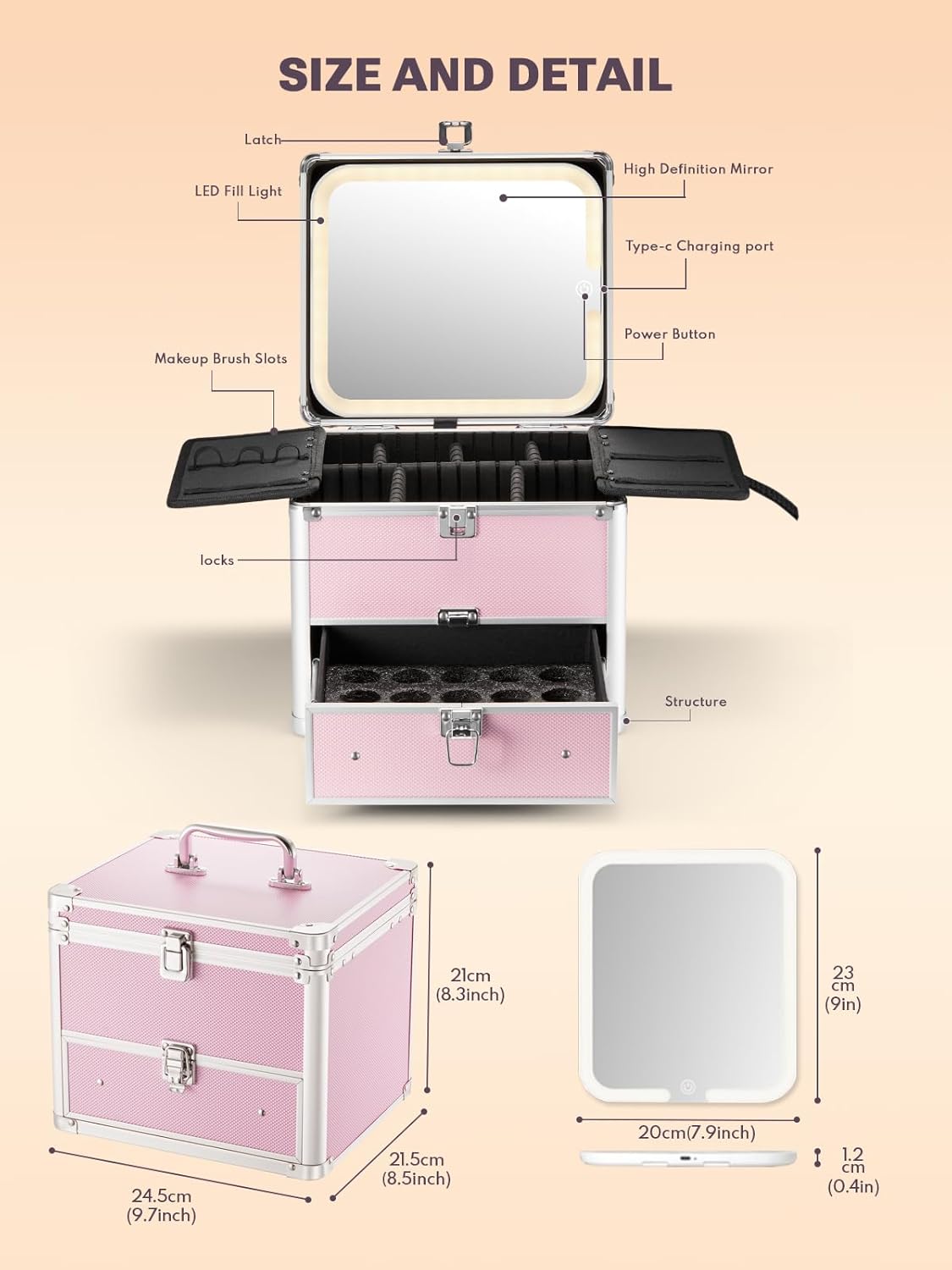 Makeup Box with Drawer and a Detachable Lighted Mirror, Waterproof Travel Train Case, Cosmetic Organizer and Makeup Suitcase with Adjustable Dividers, Magnetic LED Mirror (Icy Pink)