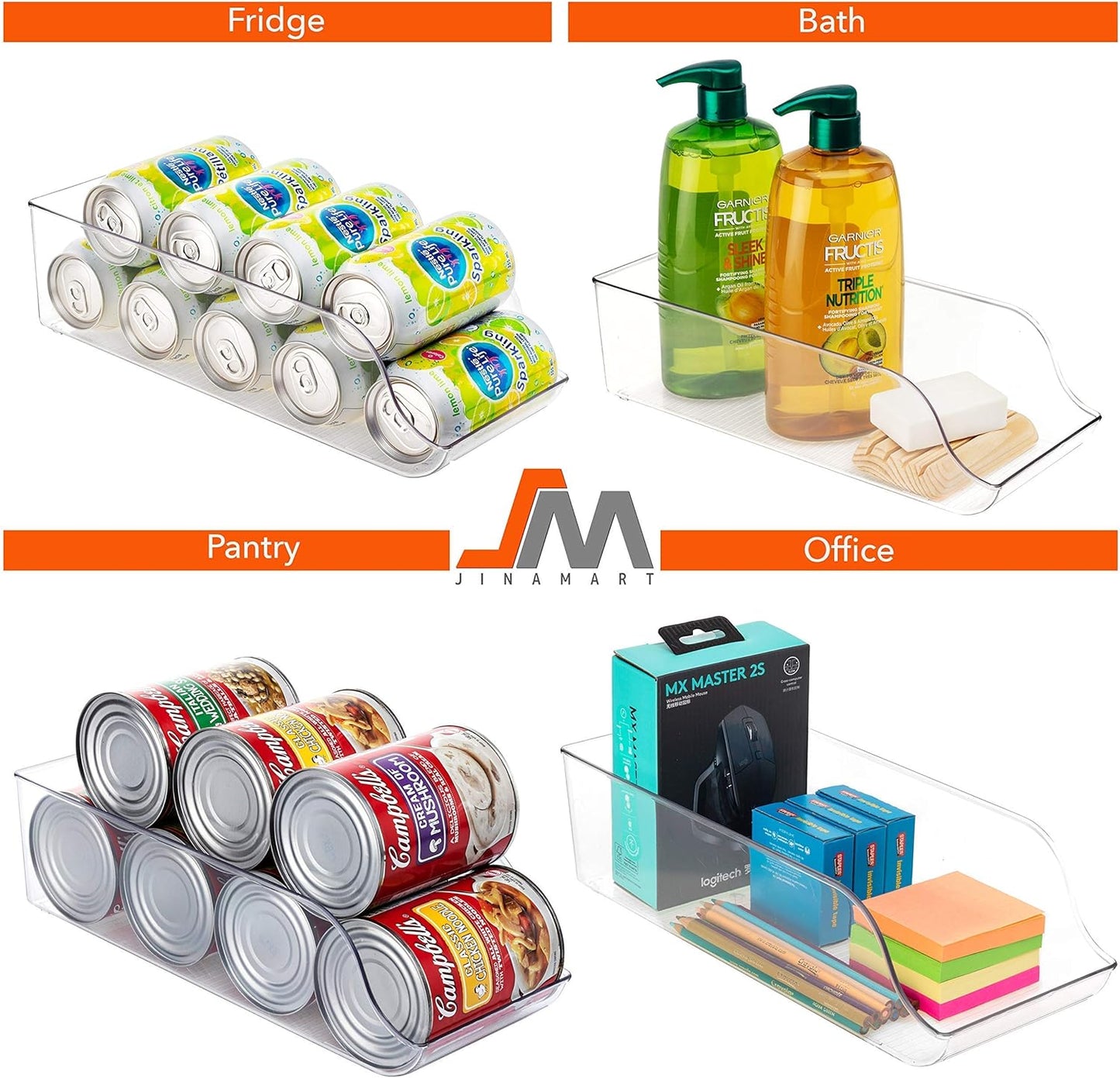 Set of 2 -  Refrigerator Organizer Bin Pop Soda Can Beverage Holder for Fridge, Kitchen, Countertops, Cabinets - Clear Plastic Can Dispenser and Canned Food Pantry Storage Rack (Without Lid)