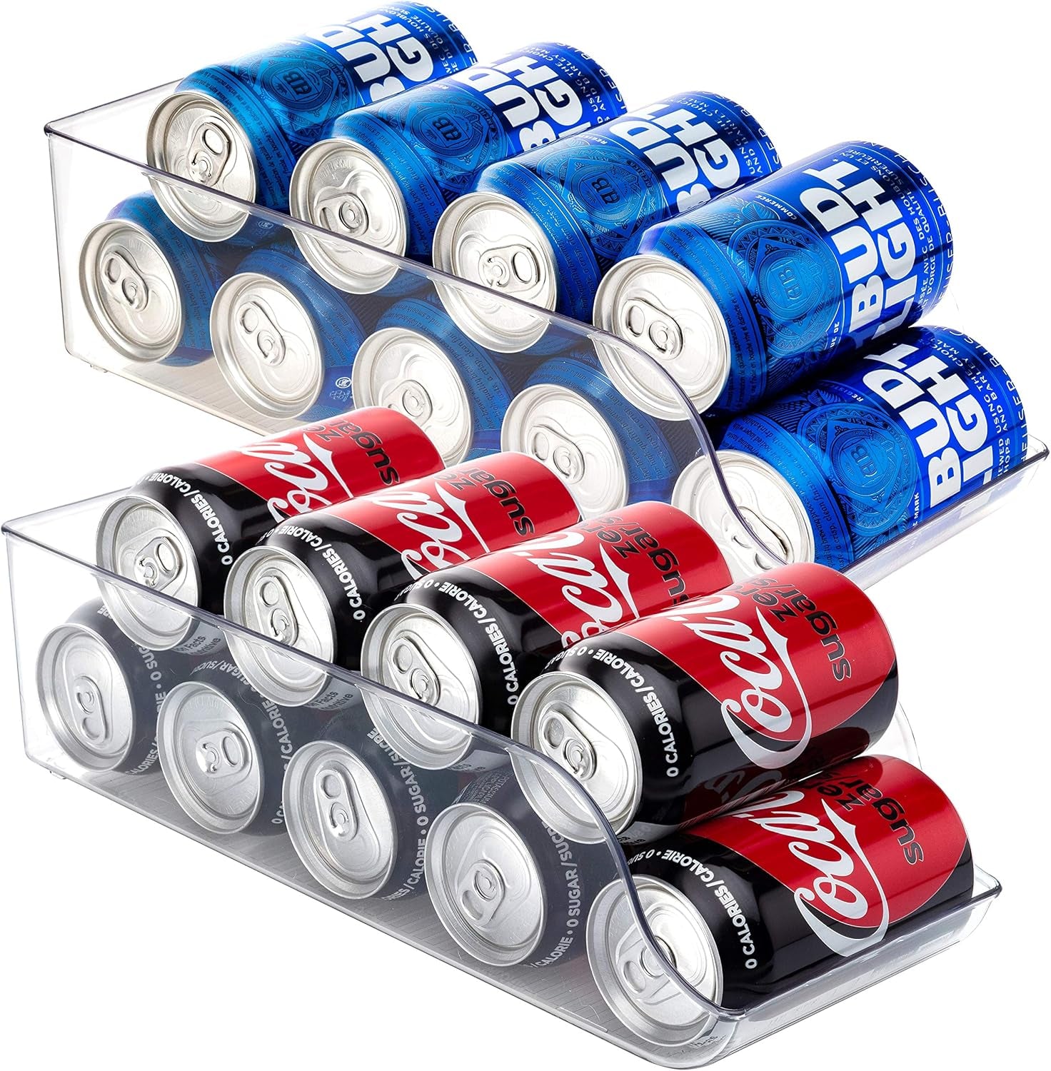 Set of 2 -  Refrigerator Organizer Bin Pop Soda Can Beverage Holder for Fridge, Kitchen, Countertops, Cabinets - Clear Plastic Can Dispenser and Canned Food Pantry Storage Rack (Without Lid)