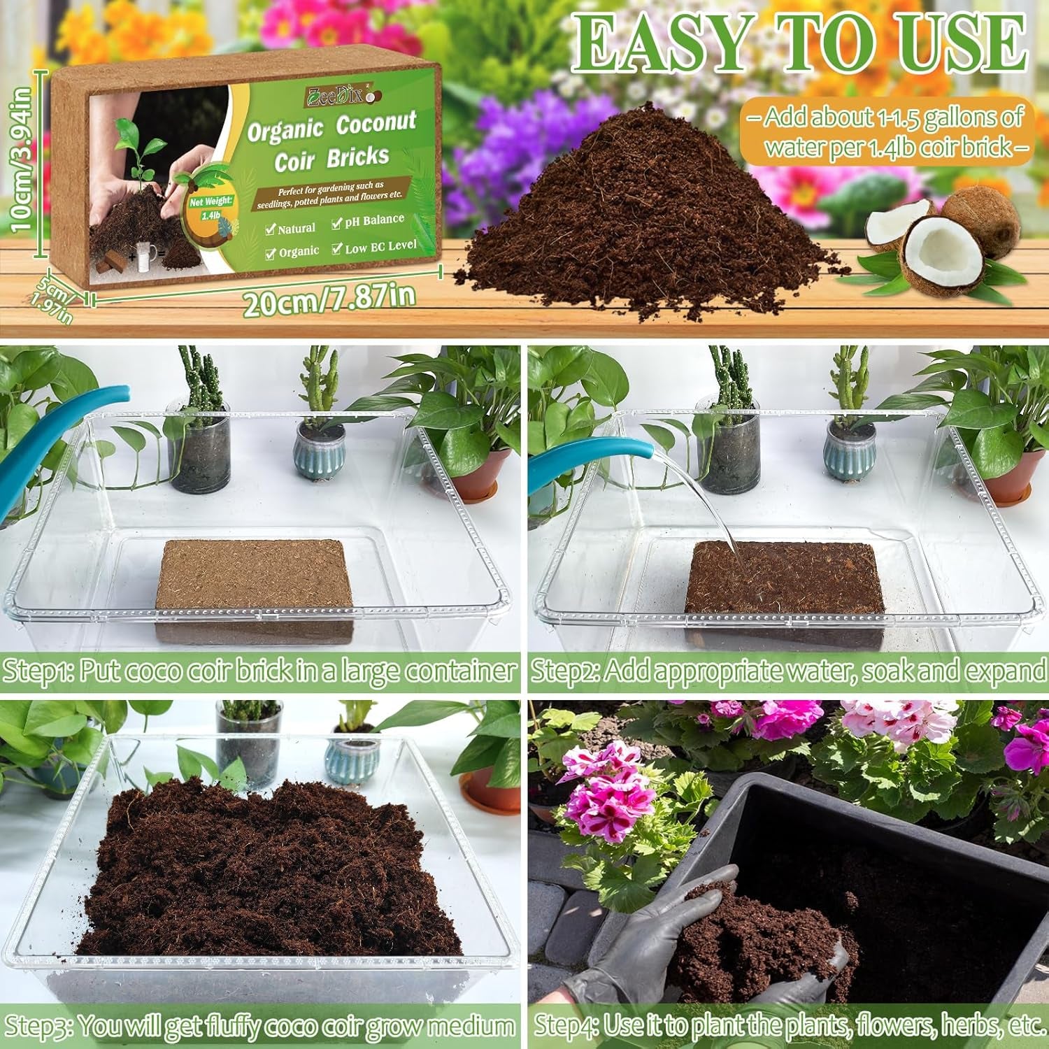 8 Pcs Coco Coir Brick for Plants, Compressed Coconut Coir 100% Organic Coconut Coir Bricks with Low EC and Ph Balance, Premium Coconut Husk Soil Bricks for Gardening Vegetables Plants